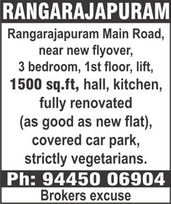 91, Lake View Road 2 nd Lane, near Bharthiram Kalyana Mandapam, 2 bedroom, hall, kitchen, 600 sq.ft, 1 st floor, marble floor, brokers excuse, vegetarians only. Contact: P. Venkatesan. Time: 10 a.