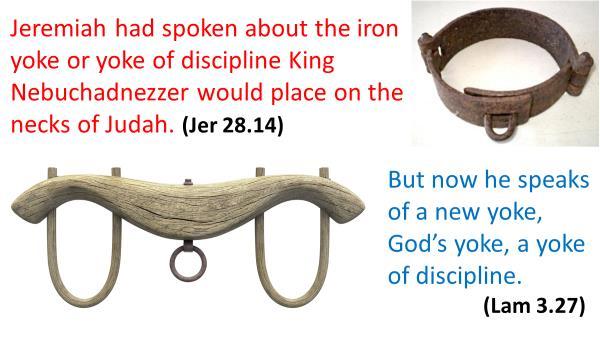 20 earlier spoken to Jeremiah about the iron yoke or iron discipline King Nebuchadnezzer would place on the necks of Judah (Jer 28.14).