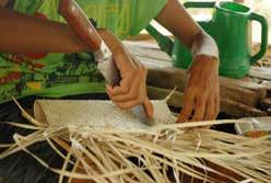 How is it made? Palm leaves are collected, pulled into strips and then hung to dry. The palm fronds have a natural waxy coating which makes it a good material for weaving tight baskets.