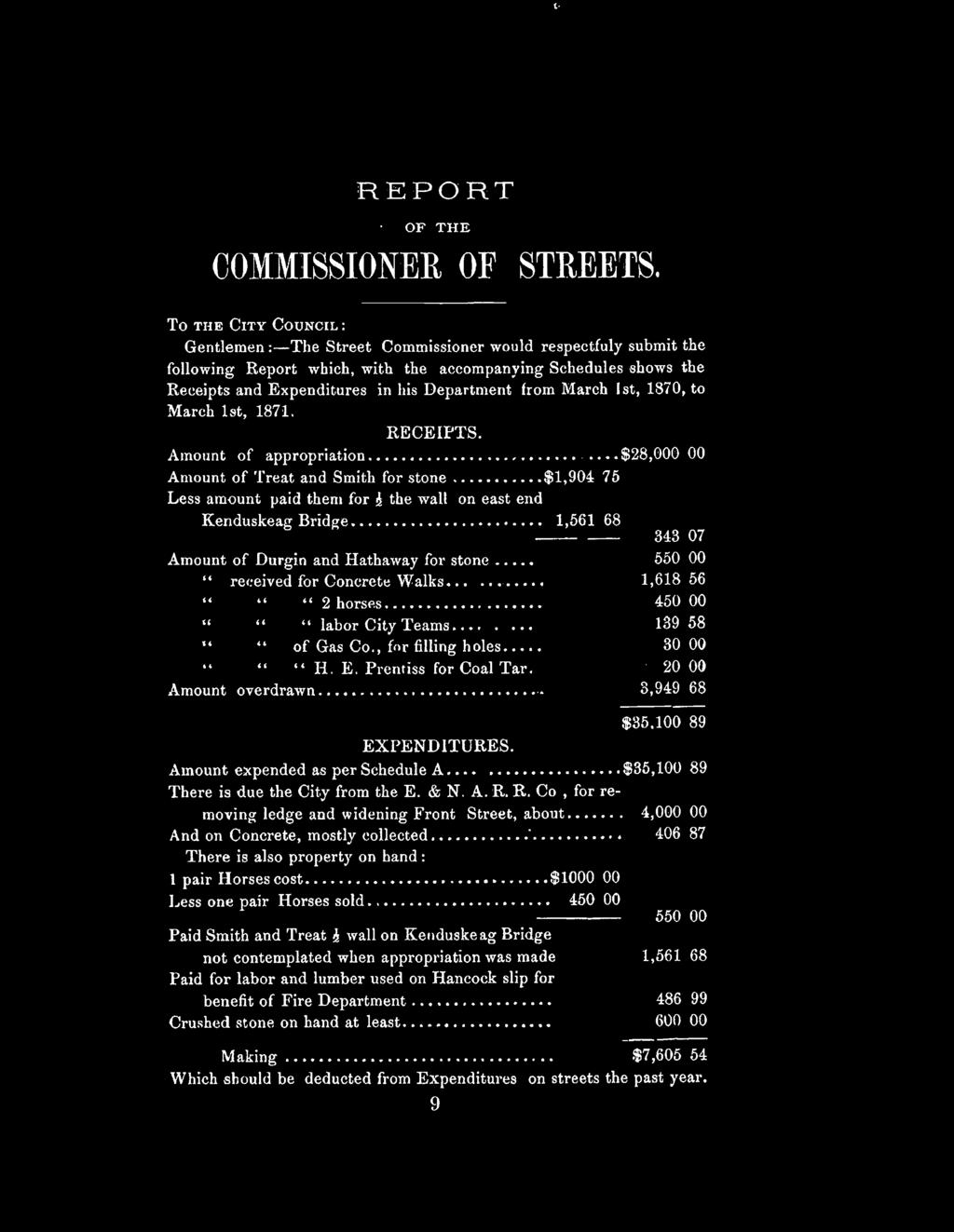 Department from March 1st, 1870, to March 1st, 1871. RECEIPTS. Amount of appropriation......$28,000 00 Amount of Treat and Smith for stone.