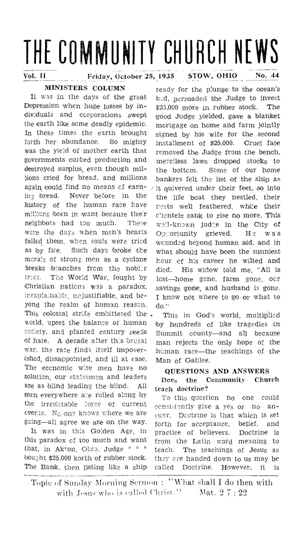 MUNITY CHURCH NEWS Vol. II Friday, October 25, 1935 STOW, OHIO _No.