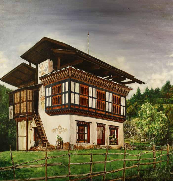 art Featuring Artist: SONAM CHOPHEL The Piece: A Happy Place This work in acrylic on canvas features a house in rural Bhutan.