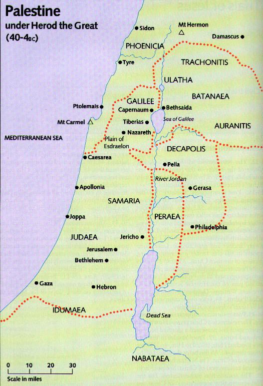 Judea 3. Samaria Philip (4 BC AD 34) tetrarch 4. Northern Transjordan Herod Antipas (4 BC AD 39) tetrarch 5. Galilee 6. Perea 1.