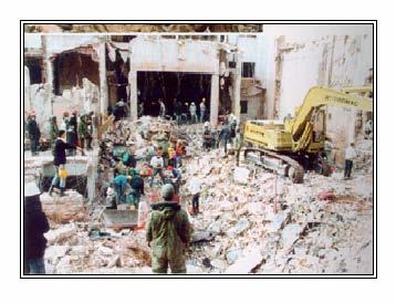 46 of TNT, which broke into the compound through the front gate, burst in, and exploded, destroying the whole building and killing 241 American troops.