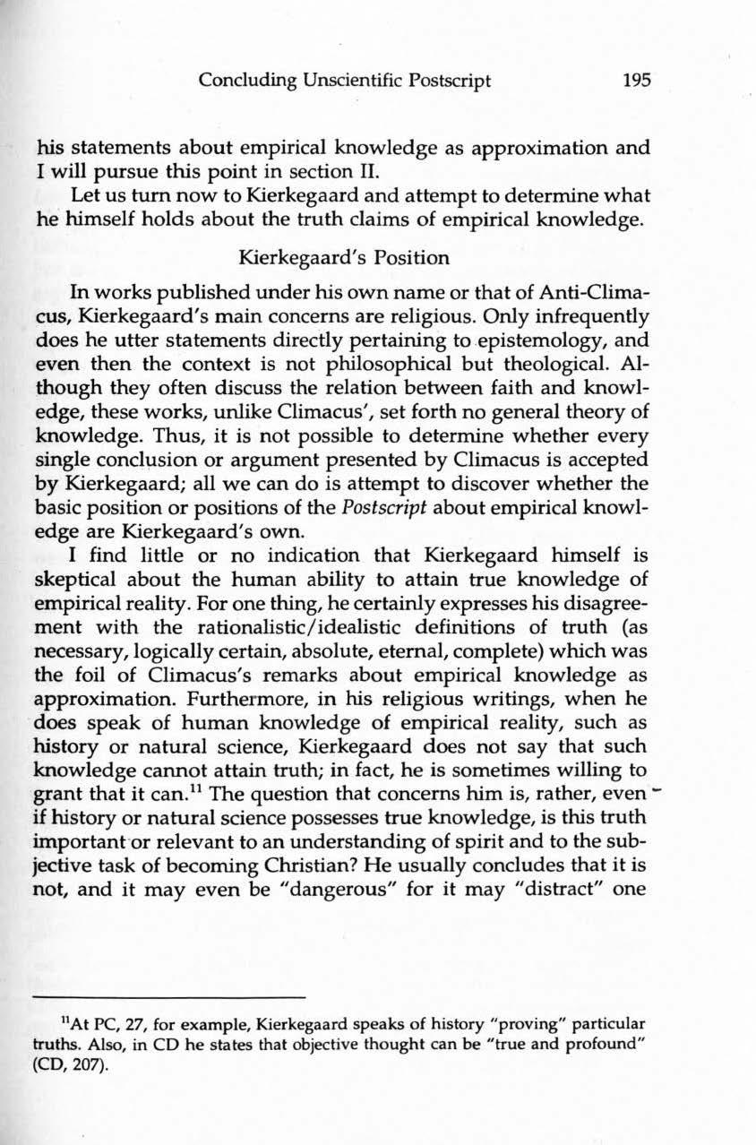 Concluding Unscientific Postscript 195 his statements about empirical knowledge as approximation and I will pursue this point in section II.