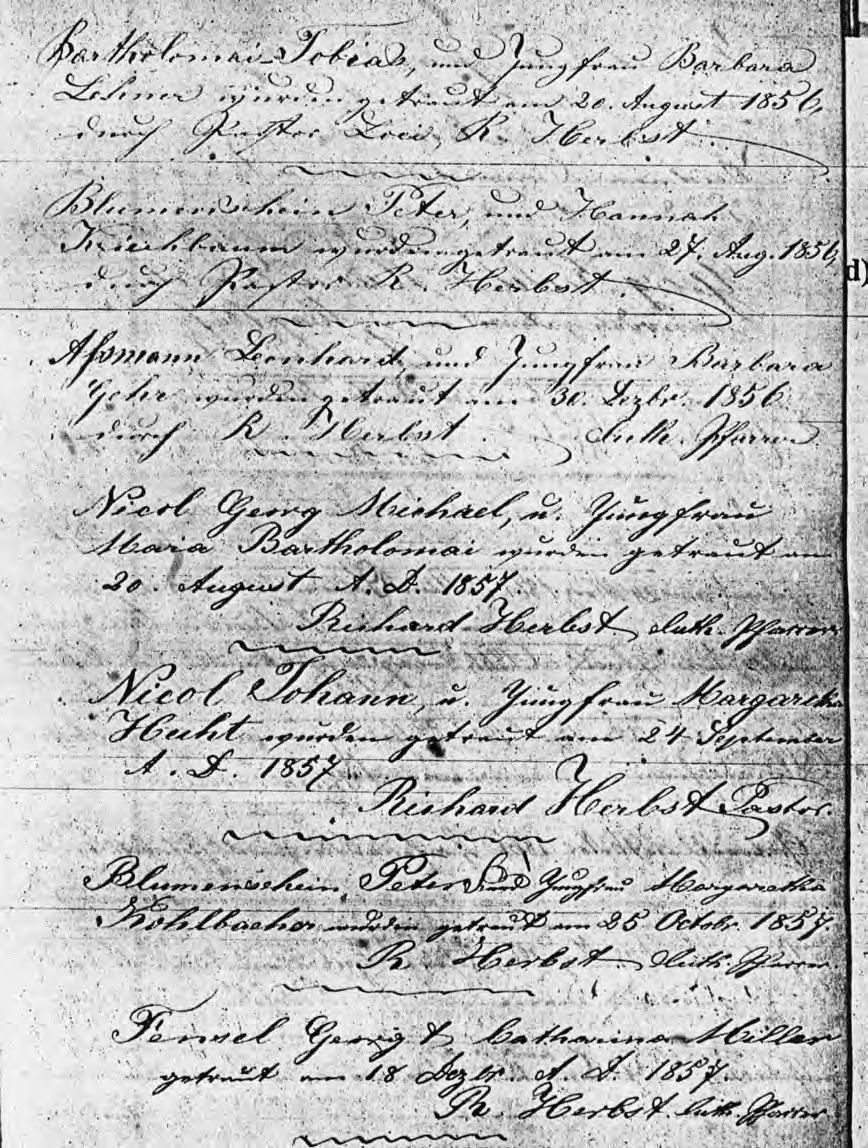 Marriage Record (second entry), Peter Blumenschein and Hannan Kreichbaum, August 17, 1856.