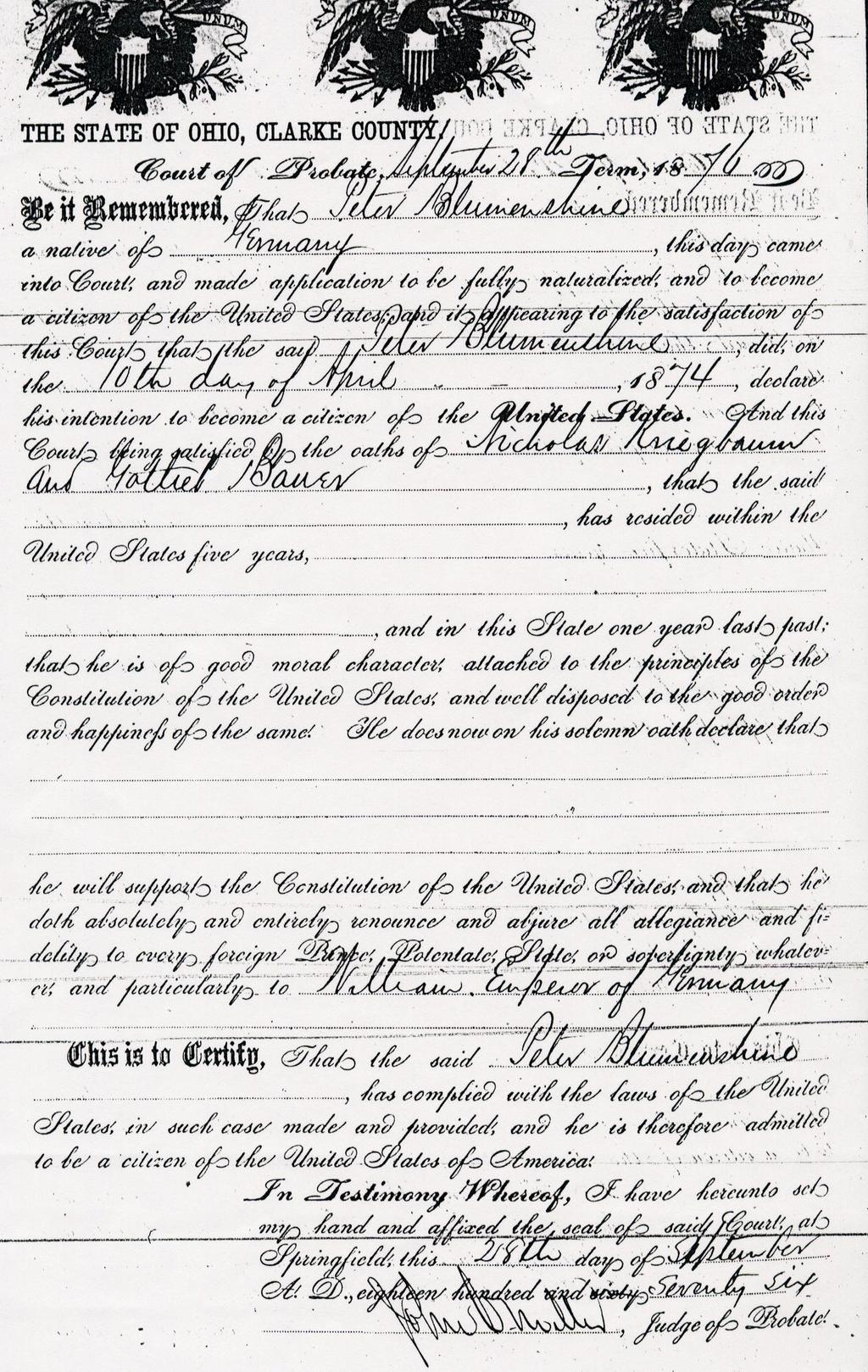 Naturalization papers for Peter Blumenschein, with