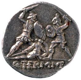 A Roman soldier (on the left) is fighting a Macedonian enemy to save his Roman