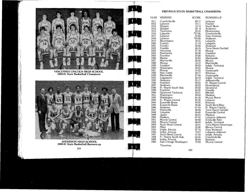VINCENNES LINCOLN HIGH SCHOOL 1980-81 State Basketball Champions PREVIOUS STATE BASKETBALL CHAMPIONS YEAR WINNERS.