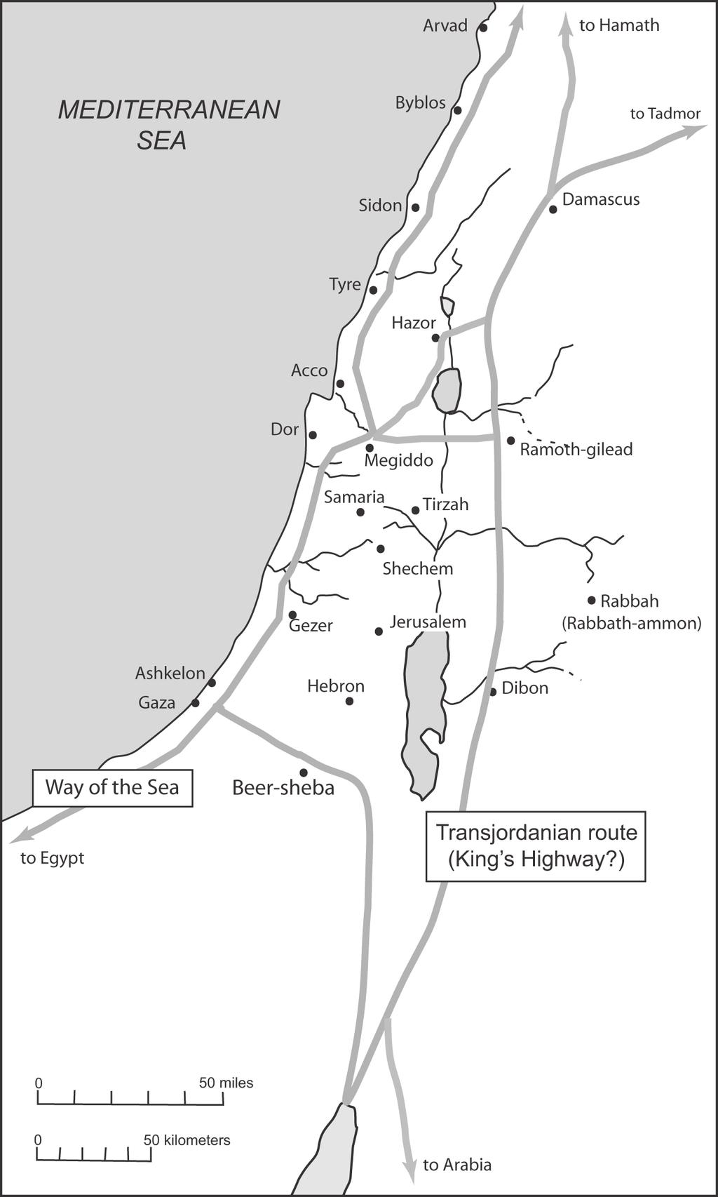 Map 2. Main Roads and Cities of Ancient Palestine (Originally published in J. Maxwell Miller and John H.