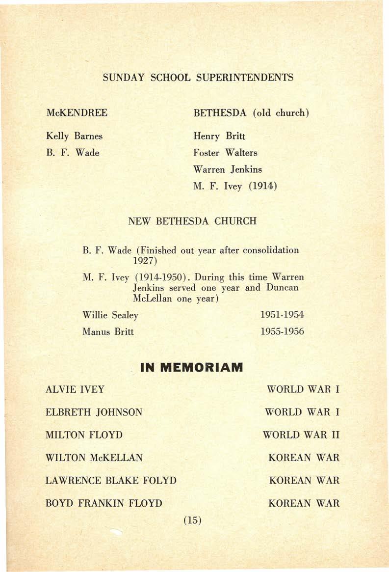 SUNDAY SCHOOL SUPERINTENDENTS McKENDREE BETHESDA (old church) Kelly Barnes B. F. Wade Henry Britt Foster Walters Warren Jenkins M. F. Ivey (1914) NEW BETHESDA CHURCH B. F. Wade (Finished out year after consolidation 1927) M, F.