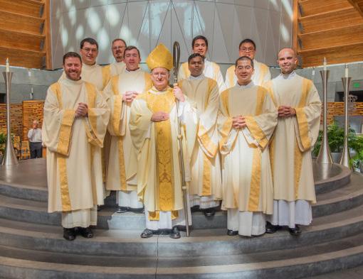 The first year novices of the California and Oregon Provinces (from left to right in the photo) are: Nicholas Collura, John Meyers, Anthony Belcastro, Raymond Parcon, James Millikan, Shane Liesegang,