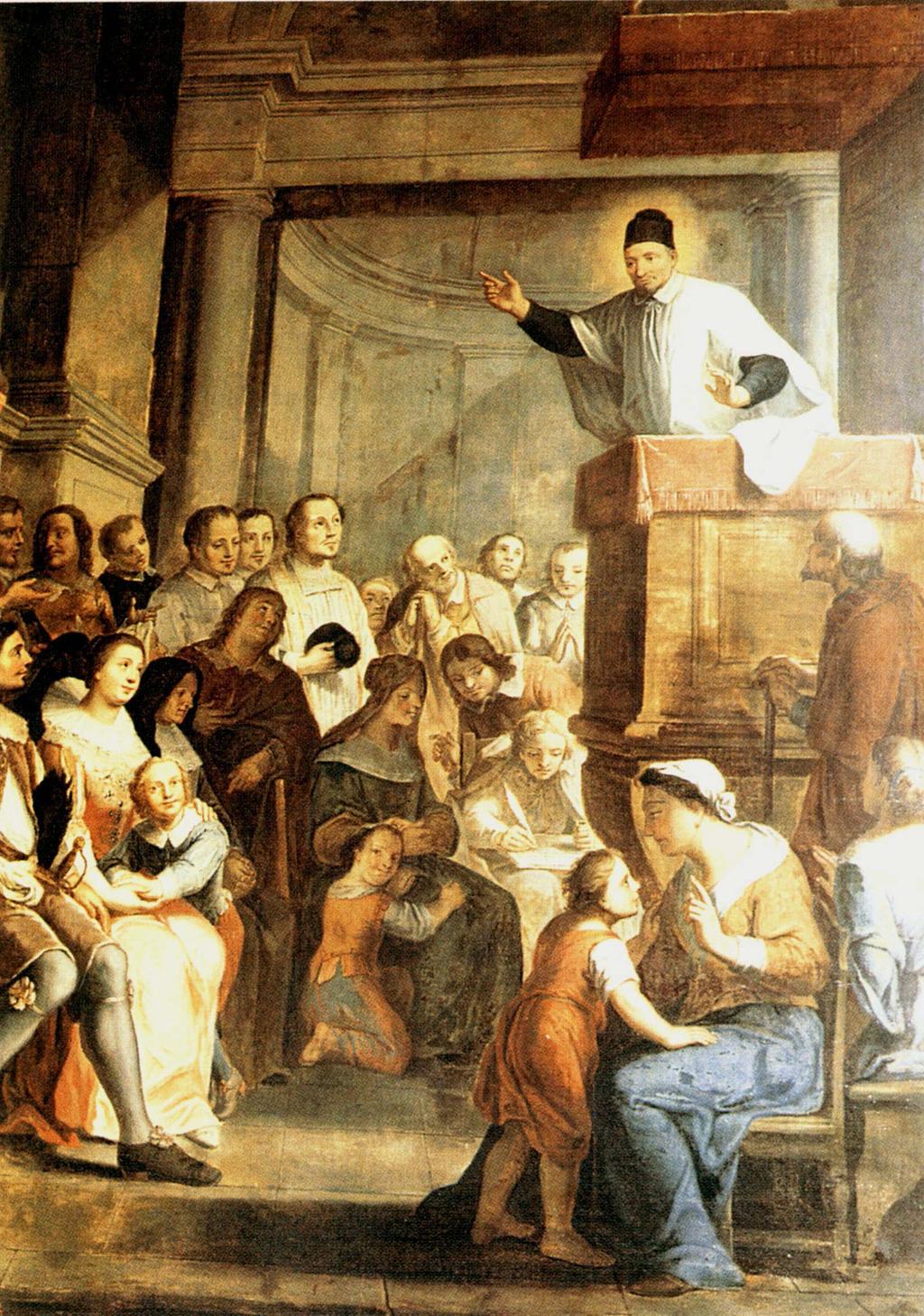 Vincent de Paul preaching to people from the pulpit. Oil on canvas. Original in St. Eustache, Paris. Courtesy St.