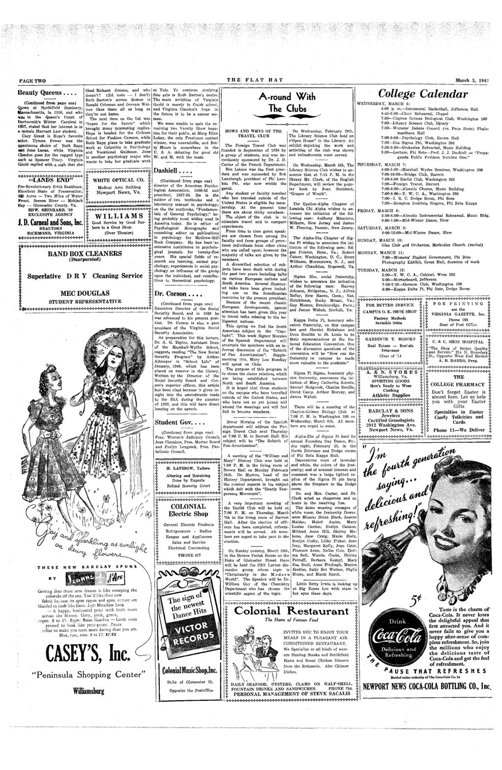 PAGE TWO THE PLAT HAT March 5, 194: Beauy Queens.