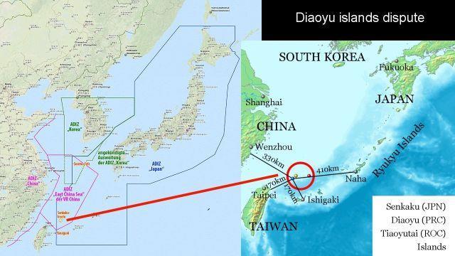 For example, a group of tiny uninhabited islands, a hundred miles off-shore from Taiwan, which had been traditional Chinese territory, is now claimed by Japan that is a thousand miles distant, as its