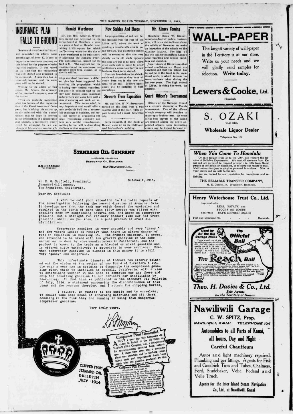 THE GARDEN SLAND TUESDAY NOVEMBER 16 1913 NSURANCE PLAN FALLS TO GROUND Readers of the Garden sland wll remember the efforts some months ago of Zeno K.