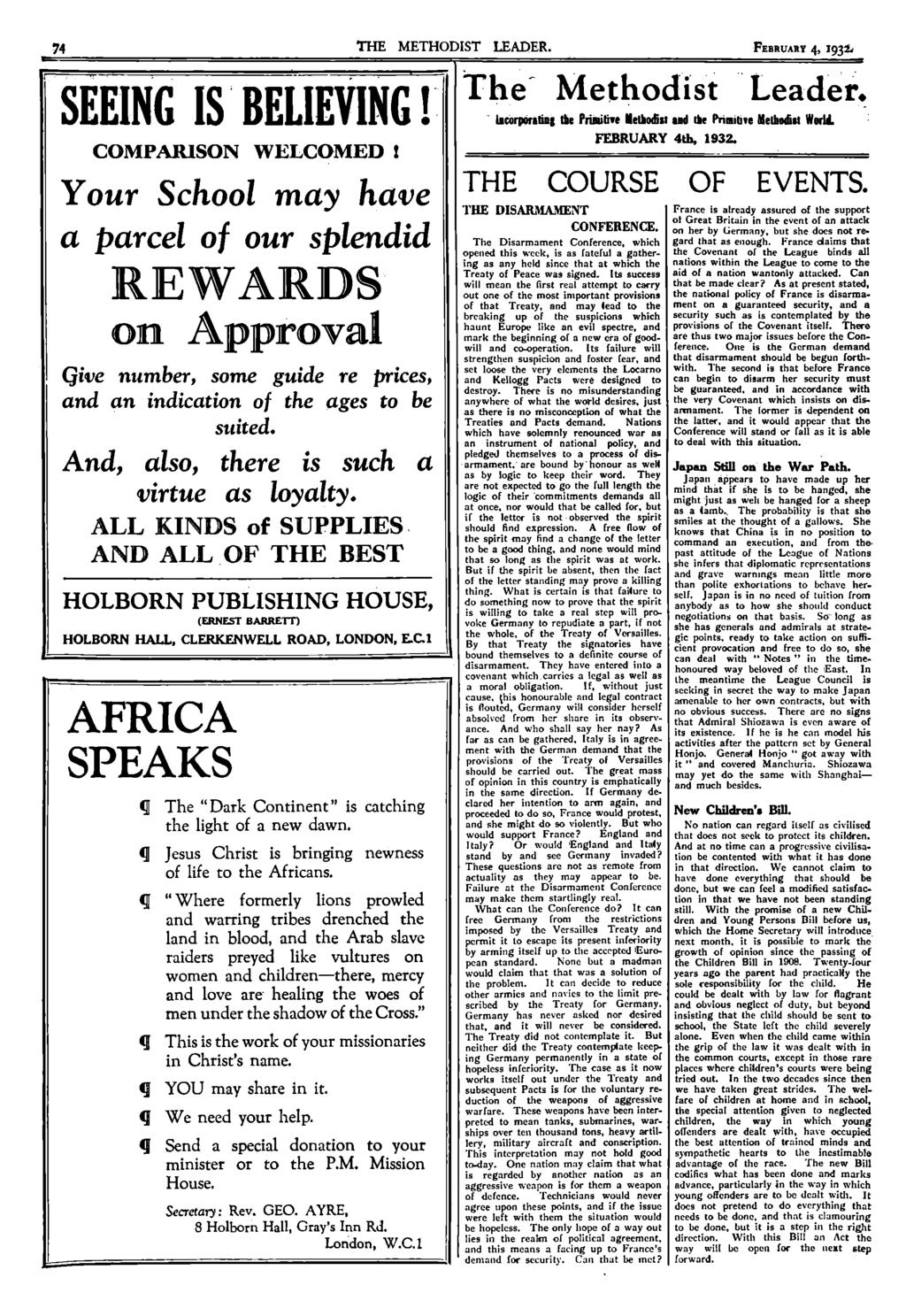74 THE METHODIST LEADER. FEBRUARY 4, 1932. SEEING IS BELIEVING! COMPARISON WELCOMED!