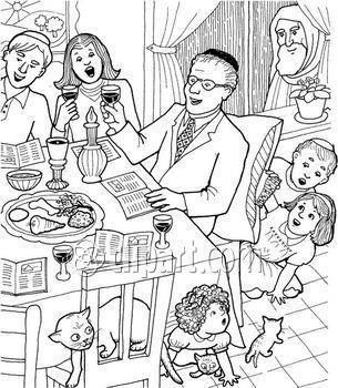 Coloring and discussion page for young children: Who s standing at the window? Who is sitting at the table?
