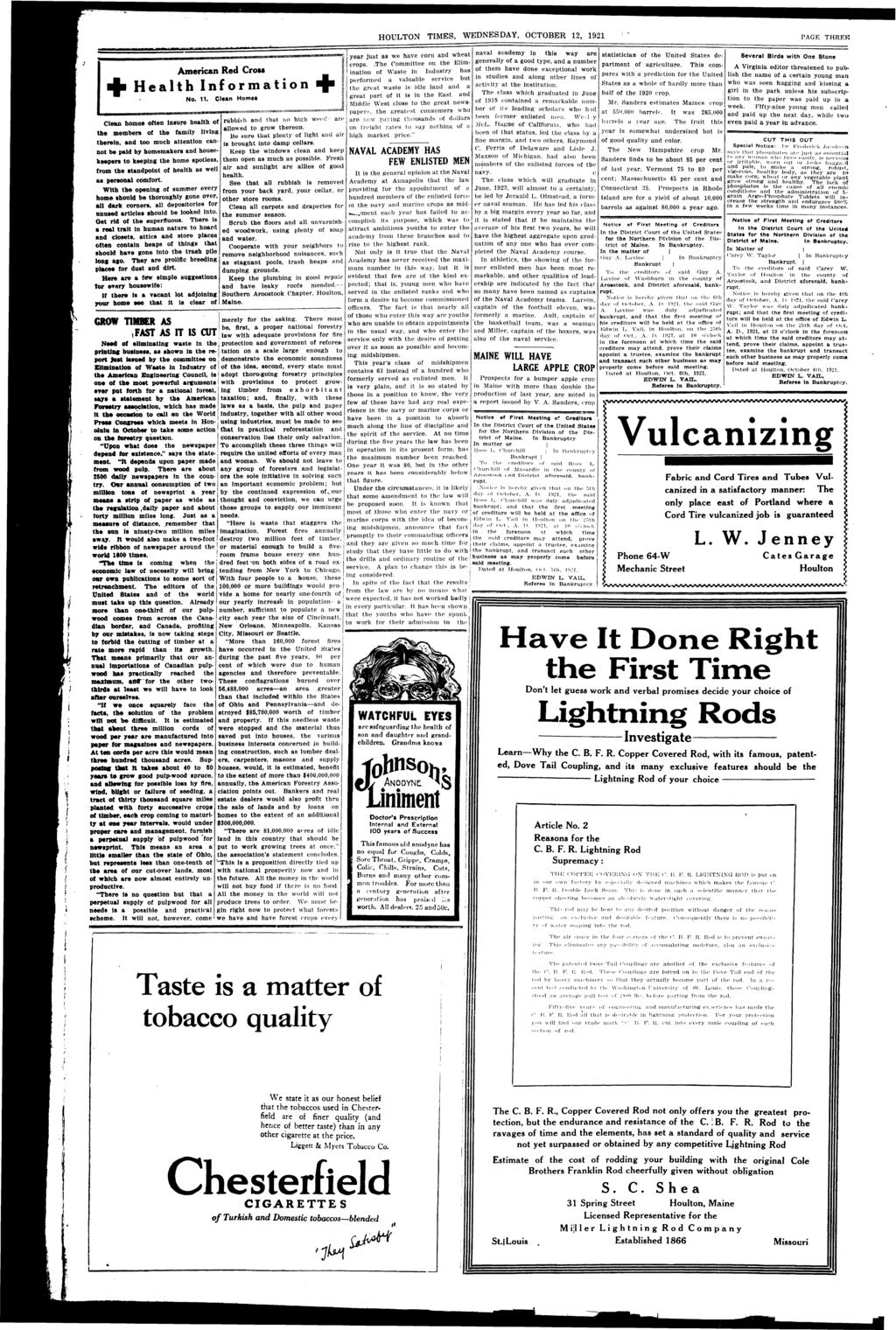 HOULTON TIMES, WEDNESDAY, OCTOBER 12, 1921 PAGE THREE A m e rcan R e d C ro w J L Health Informaton ^ No. 11.