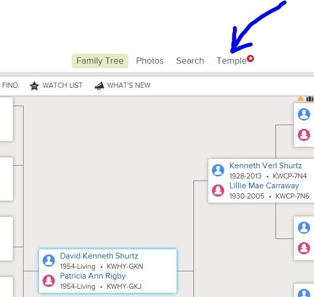 NOW GO TO THE TOP OF THE PAGE ON FAMILY TREE, AND CLICK ON TEMPLE (NOTE: TEMPLE