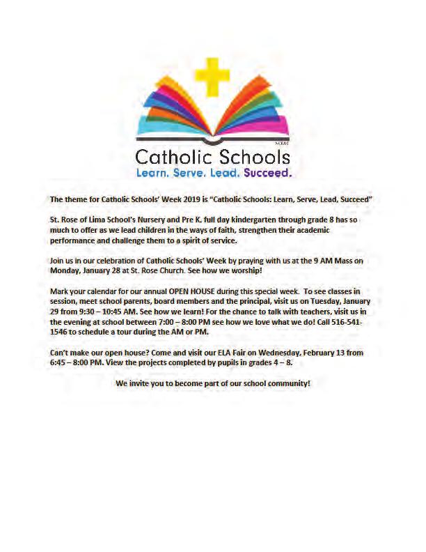 Page 6 Our Lady of Lourdes Parish JANUARY 6, 2019 The theme for Catholic Schools Week 2019 is Catholic Schools: Learn, Serve, Lead, Succeed St.