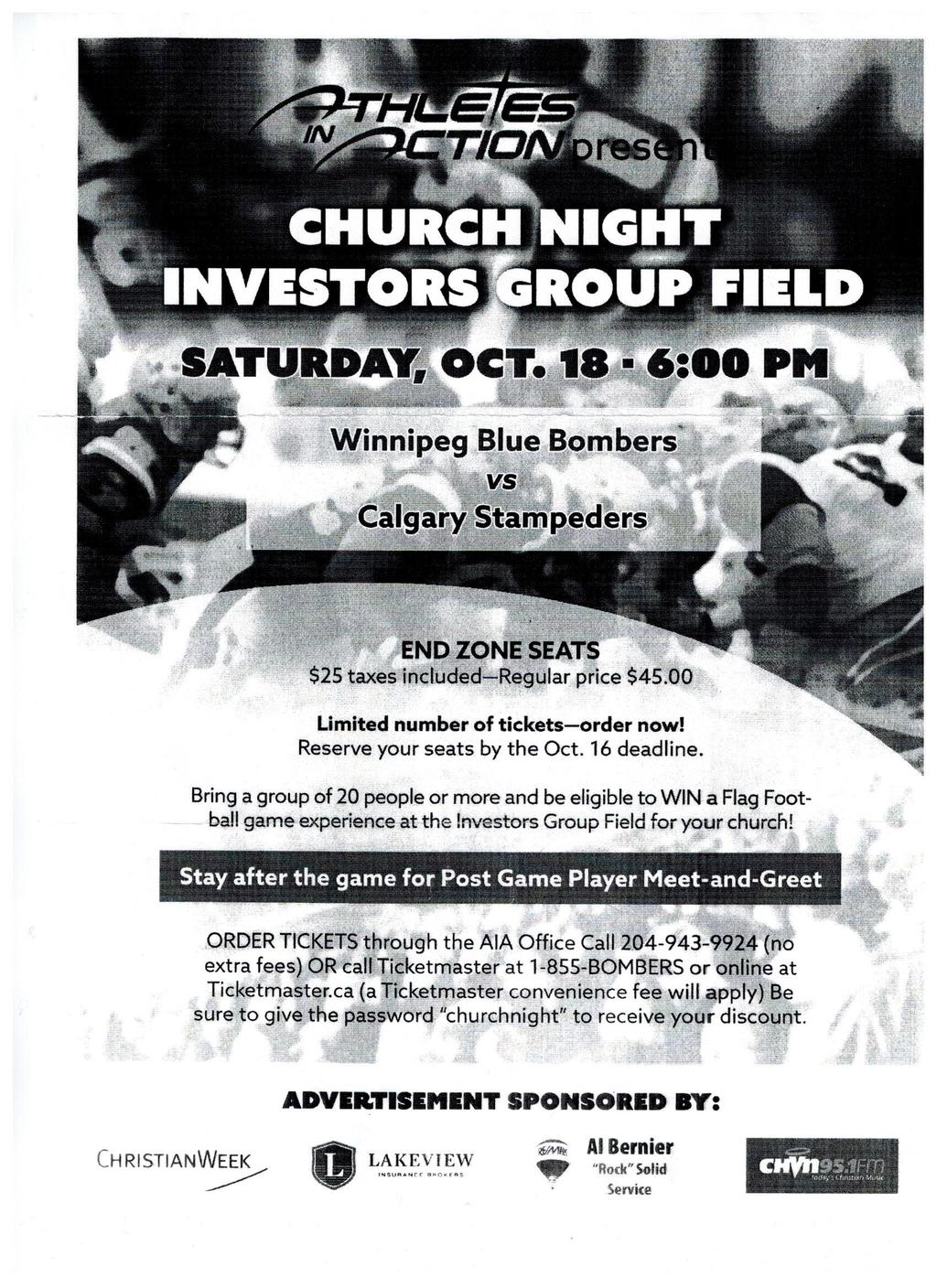 Church Night at Investers Group Field Everyone is invited to attend to fellowship with