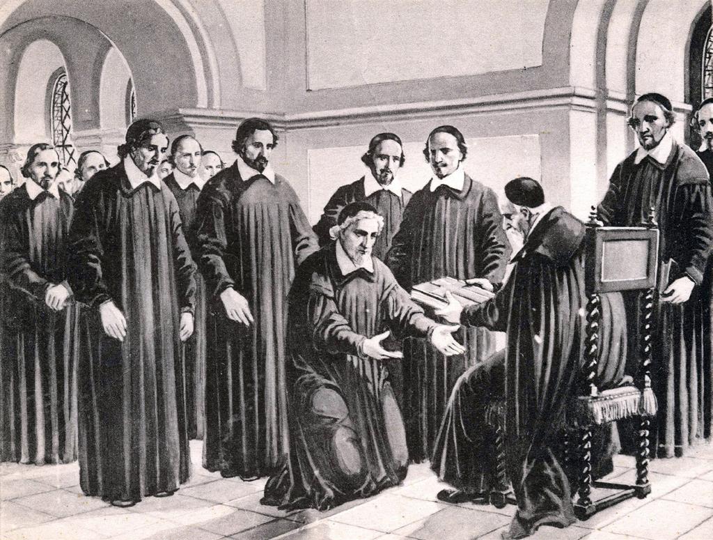 Vincent presents the Common Rules to members of the Congregation of the Mission. From a series on the life of Vincent de Paul by Vignola.