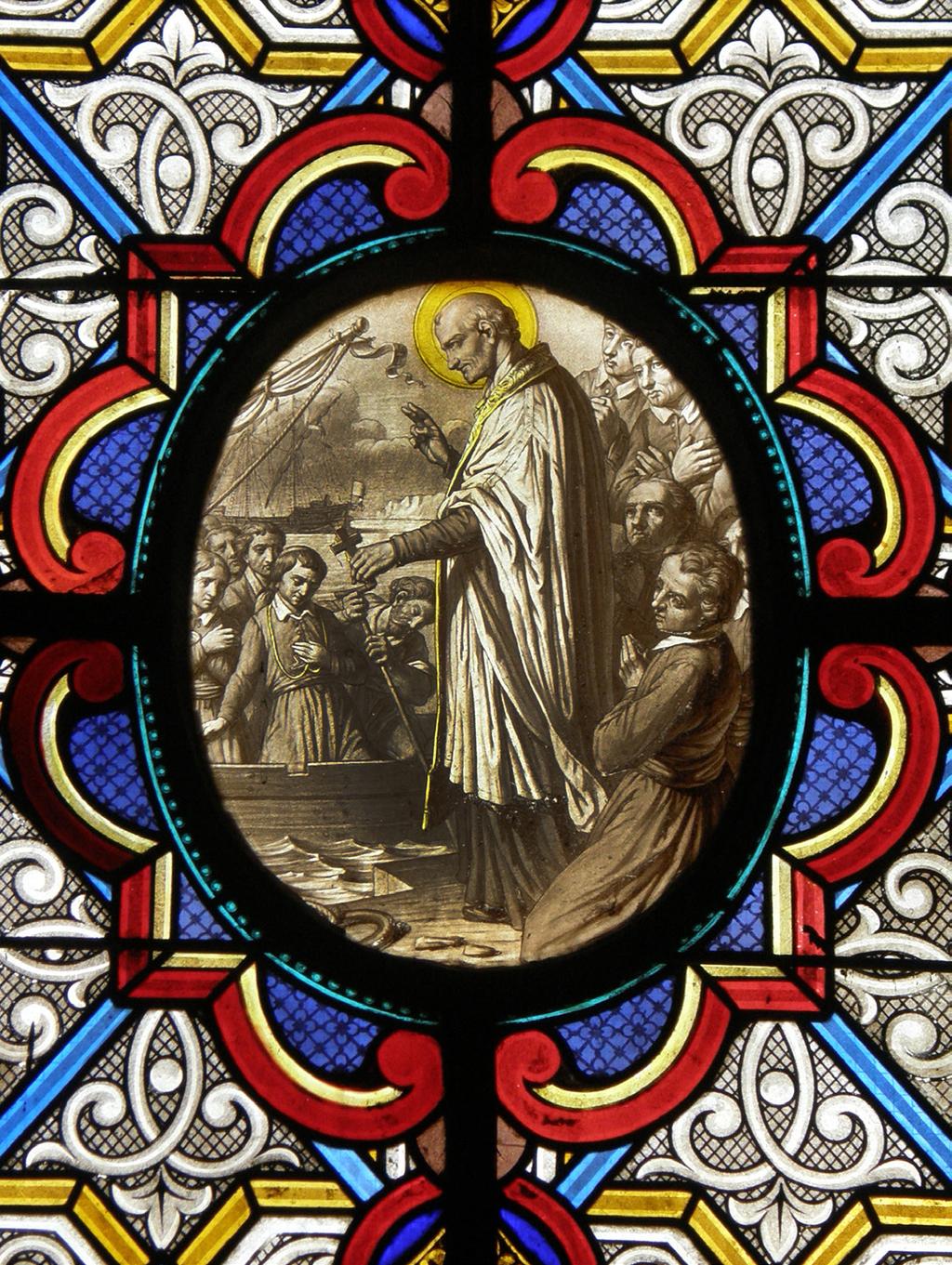 Vincent de Paul sending out missioners. Stained glass window by Laurent and Gsel, Paris. Courtesy St.