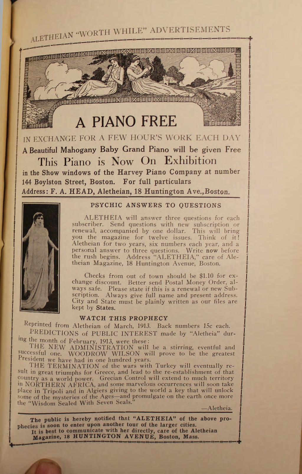 WORTH WHLE ADVERTSEMENTS FREE N EXCHANGE FO R A F E W H O U R S W O R K E A C H D A Y A Beautful Mahogany Baby Grand Pano wll be gven Free Ths Pano s Now On Exhbton n the Show wndows of the Harvey