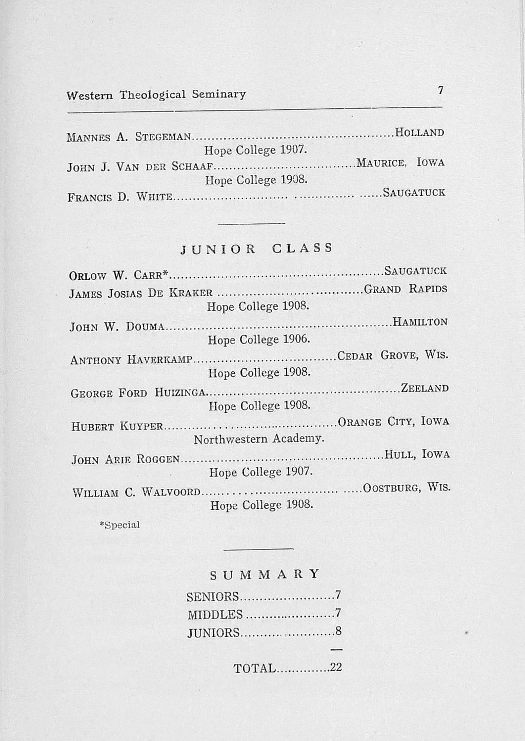Western Theological Seminary 7 Mannes A. Stegeman... Hope College 1907. John J. Van der Schaaf... Hope College 1908. Francis D. White...... Holland [Maurice, Iowa... Saugatuck rx.