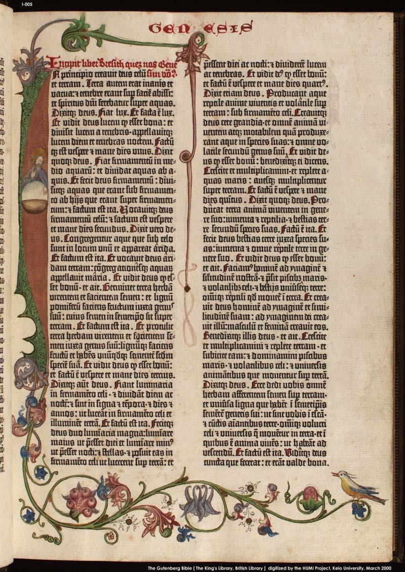 the Gutenberg Bible Johann Gutenberg 1454 55 the printing press 1440 Latin Vulgate Mainz, Germany 1 st book printed in Europe with movable type 1286 pages bound in two volumes 42 line/page 14