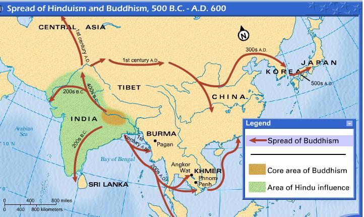 1. Study the way Buddhism spread throughout much of Asia. Which had a larger area of core Influence In 500 B.C., Hinduism or Buddhism? 2. When did Buddhist influences reach Central Asia? 3.