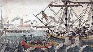 Source 5 - A British depiction, after the American Revolution, of the Boston Tea party entitled Americans Throwing the Cargoes of the Tea Ships into the River, at Boston, printed in the book History