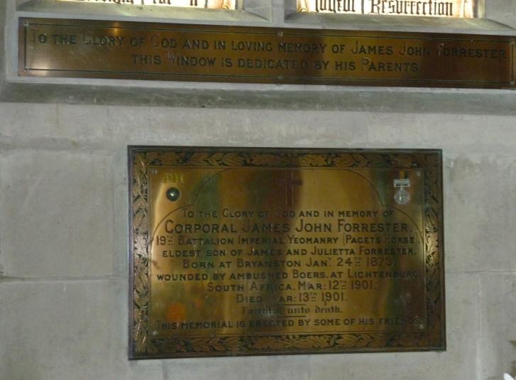 A memorial window in the baptistry to Jack Forrester, son of Lord Portman s agent, who was shot and killed in an ambush during the Boer War in 1901, was soon to follow (the PH on his plaque stands