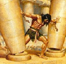 SAMSON PRAYS/ASKS THE LORD TO GIVE HIM STRENGTH. HE PUSHES AND PRAYS.