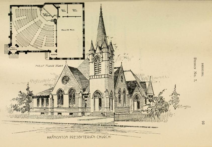 9 Concept drawing of the church. Note the terra cotta topped wall, as compared to the overhanging eaves as built.