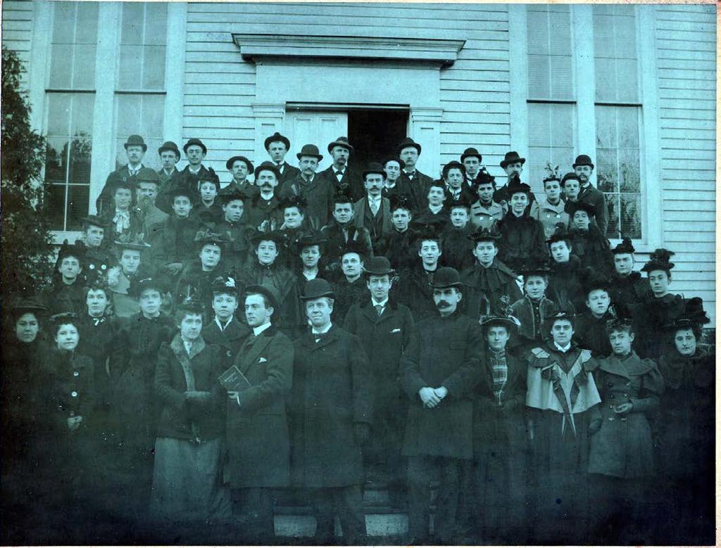 45 - members on old church building steps Occasionally, the minutes have included some remembrance of a particular member, such as this record from October of 1953: Mrs. Alma [?