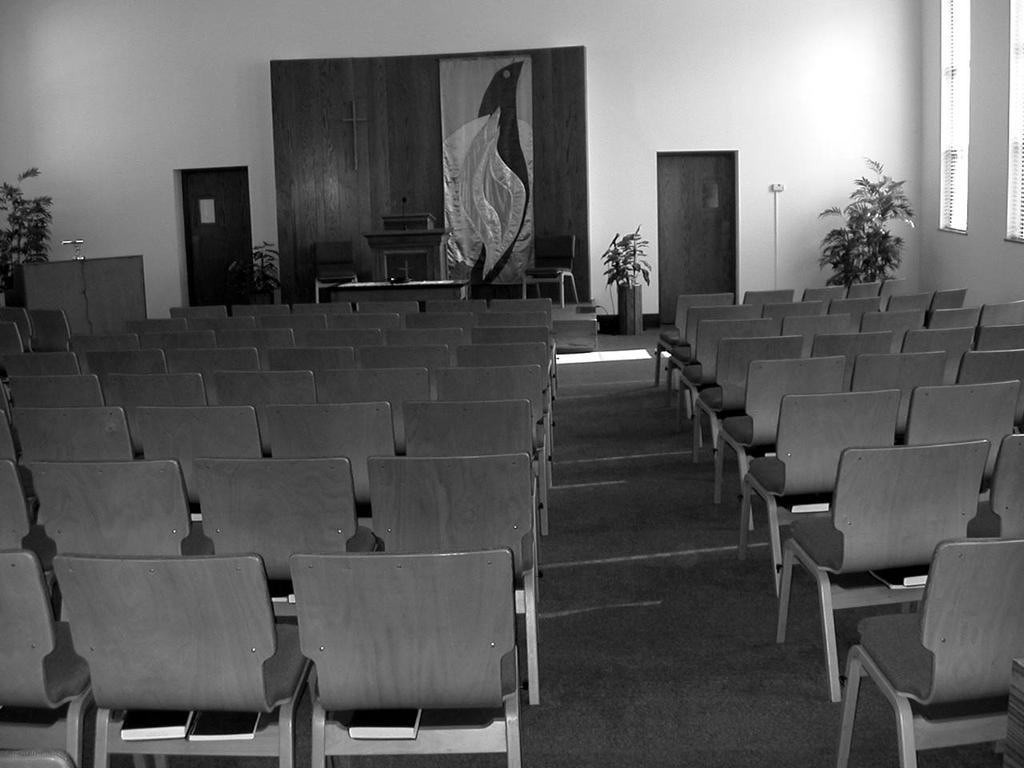 Scottdale MC Urged to Depend On God's Grace Below: Chairs, pulpit, and piano were moved from the Kingview Road location into the Market Street location to create a new worship space for the Scottdale