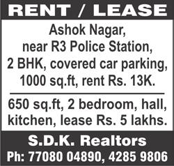 Ph: 4204 7752, 91761 02728. T. NAGAR, Sarathy Street, off Habibullah Road, near Karnataka School, deluxe flat, 3 bedroom, hall, kitchen, 1150 sq.ft, UDS 510 sq.