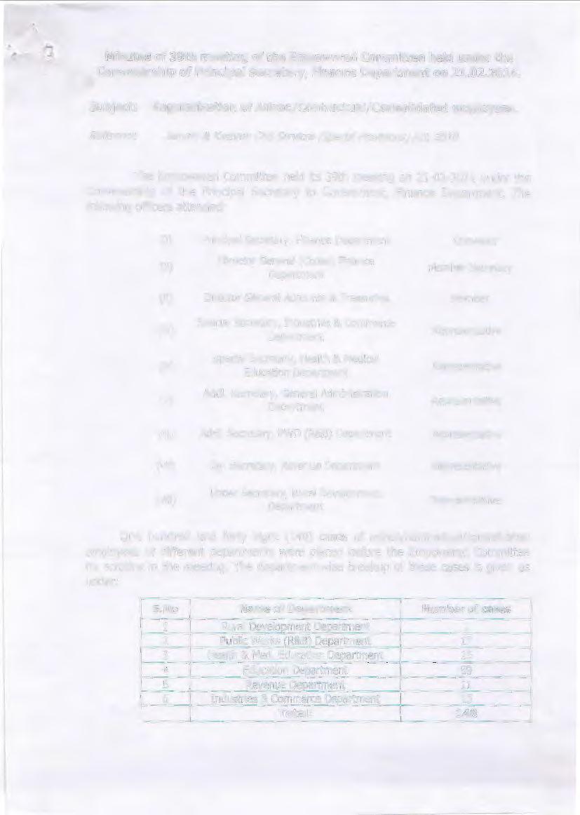 Minutes of 39th meeting of the Empowered Committee held under the Convenership of Principal Secretary, Finance Department on 21.02.2014.