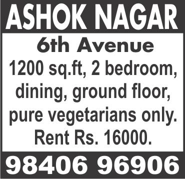 Ph: 98412 65670. T. NAGAR, Mothilal Street, 2 bedroom, 750 sq.ft, ground floor flat, small vegetarian family preferred, immediate occupation, rent Rs. 12500, 2-wheeler parking only.