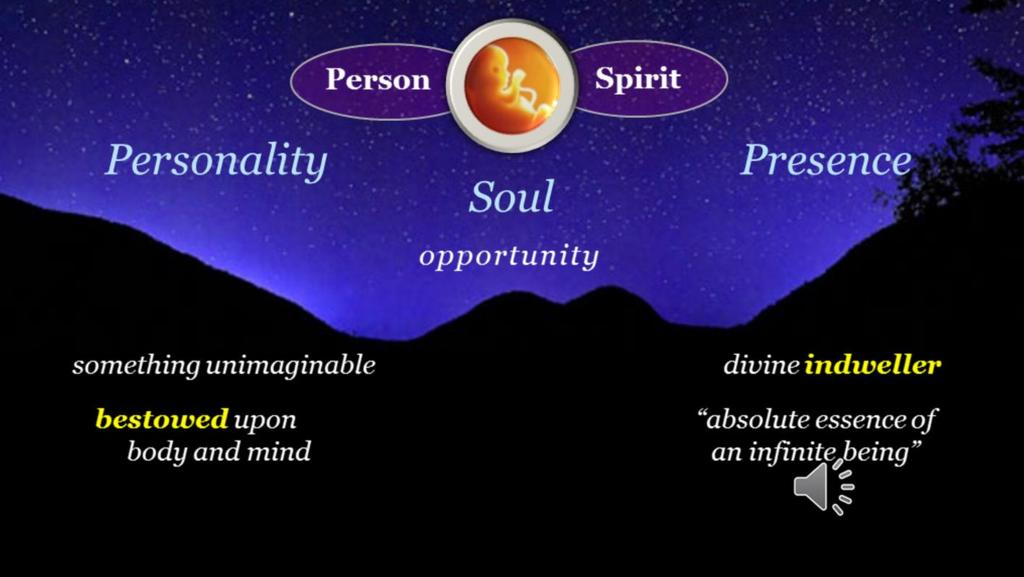 We find three things: Personality, a divine Presence, and a Soul. Our personality they describe as something unimaginable, an unblemished gift bestowed upon a system of body and mind.
