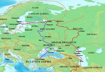 NORSE TRADE ROUTES Map showing the major Varangian trade routes: the Volga trade route (in red) and the Trade Route