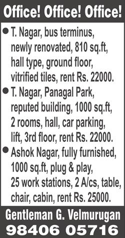 NAGAR, Natesan Street, single bedroom, hall, kitchen, balcony, vegetarians preferred, rent Rs. 7000, no brokers, ready to occupy. Ph: 92832 89189.