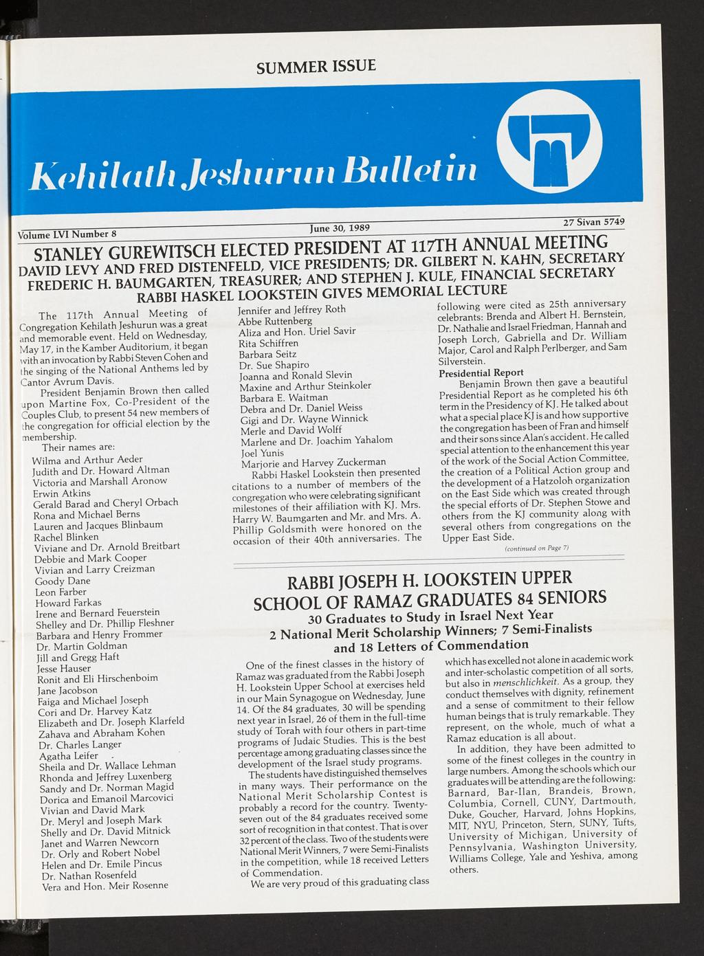 SUMMER ISSUE Keliiltli Jeshnrint Bulletin Volume LVI Number 8 June 30, 1989 27 Sivn 5749 STANLEY GUREWITSCH ELECTED PRESIDENT AT 117TH ANNUAL MEETING DAVID LEVY AND FRED DISTENFELD, VICE PRESIDENTS;