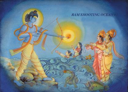 Shri Ram had been sitting on the bank of the ocean for 5 days but it did not give way, so he asks Lakshman to give him his bow & arrow because it was no use pleading with someone who was stuck in