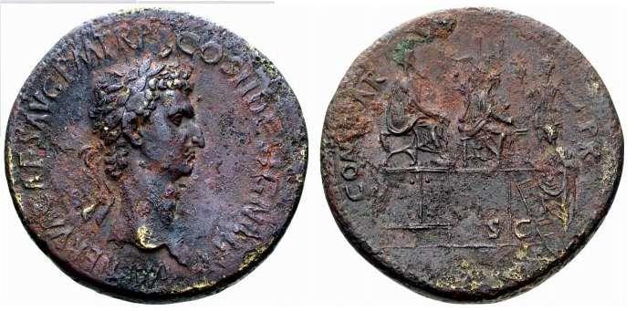 CONGIARIVM Nerva seated on a platform as two