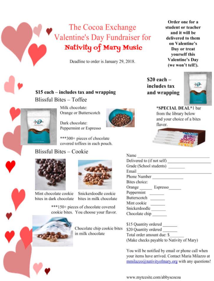 Supplies must be provided by the parishioner. Thank you for your support. Music Valentine's Day Fundraiser Nativity of Mary, we have a Valentine's Day Fundraiser coming your way!