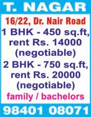 REAL ESTATE (SELLING) T. NAGAR, South Boag Road, near Shivaji Ganeshan House, 2 bedrooms, hall, kitchen, 950 sq.ft, UDS 435 sq.ft, covered car park, price Rs. 1.15 crores. Ph: 95662 50347. T. NAGAR, Gopalakrishna Road, near Pondy Bazaar, 4 bedrooms, hall, kitchen, around 1700 sq.