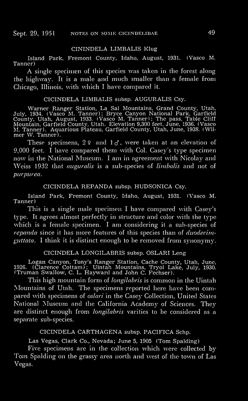 CICINDELA LIMBALIS subsp. AUGURALIS Csy. Warner Ranger Station, La Sal Mountains, Grand County, Utah, July, 1934. (Vasco M. Tanner); Bryee Canyon National Park, Garfield County, Utah, August, 1933.